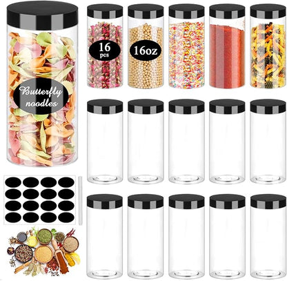 SLifeJars Plastic Jar with Lids 16oz Clear Empty Containers 16Pcs Straight Cylinders Storage Jars with Airtight Black Lid Stackable Refillable Round Plastic Jars for Kitchen Food & Home Storage