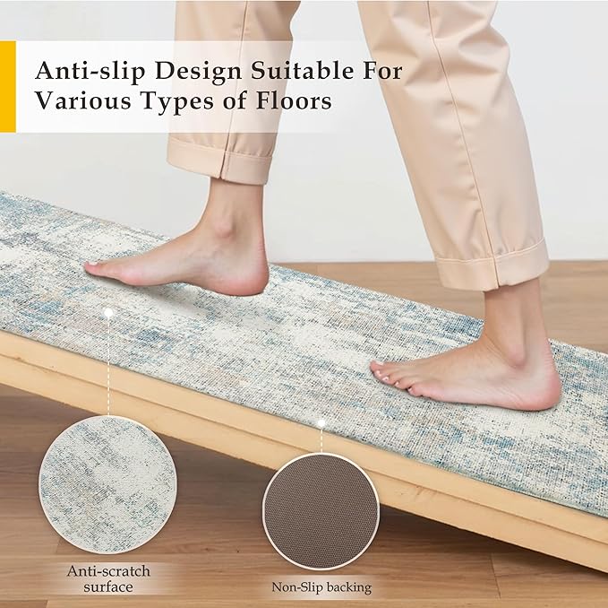 Kitchen Mats for Floor Set of 2 Anti Fatigue Waterproof Kitchen Rug Blue Cream Abstract Cushioned Non-Slip Kitchen Mats Comfort Standing Neutral Mat for Sink Laundry Office 17.3"×47"+17.3"×30"