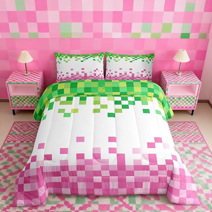 Manfei Pixelated Style Full Size Comforter Set,Geometric Camouflage Grid Bedding Comforters Bedroom Collection,Video Games Duvet Insert,Pink Green Room Decor 3 Pcs Bedding Set for Girls Teens