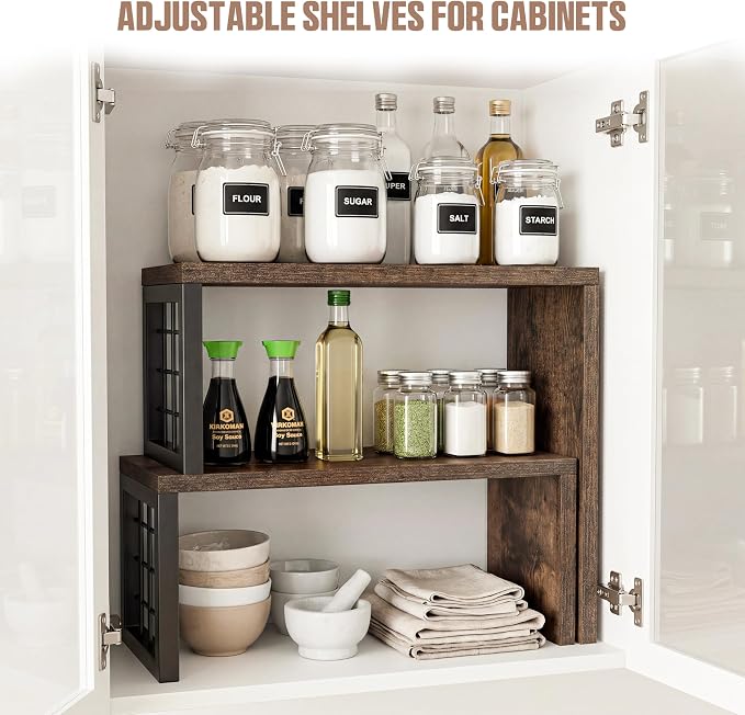 Kitchen Countertop Organizer, 2 Tier Spice Rack, Adjustable Cabinet Organizer Shelf, Corner Counter Shelf for Kitchen, Pantry, Coffee Station, Stackable, Expandable, Rustic Brown