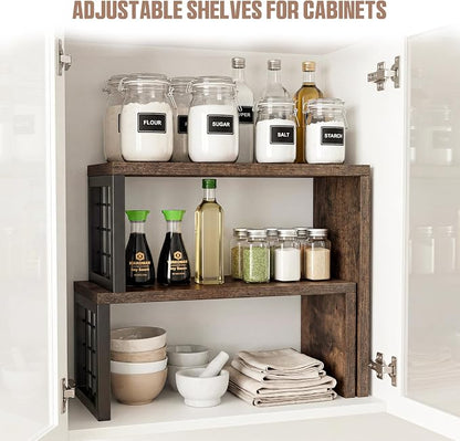 Kitchen Countertop Organizer, 2 Tier Spice Rack, Adjustable Cabinet Organizer Shelf, Corner Counter Shelf for Kitchen, Pantry, Coffee Station, Stackable, Expandable, Rustic Brown