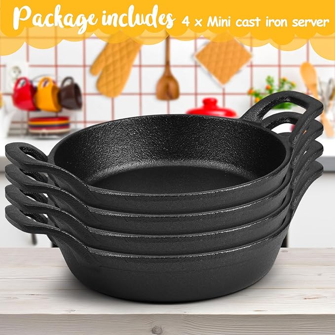 Ziliny Mini Cast Iron Skillets 6.3 x 6.3 x 1.5 Inch Cast Iron Pan Small Ramekin Set Black Casserole Dish Cookware Oven Safe Mini Skillets for Kitchen Indoor Outdoor Picnic (4 Pack)