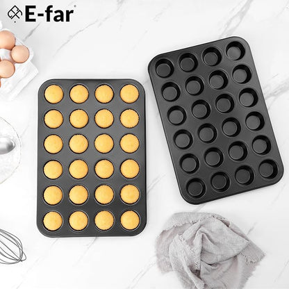 E-far 24-Cup Mini Muffin Pan - 3 Pack Nonstick Carbon Steel Cupcake Tin Tray for Little Bites & Freezer Prep | Warp-Free Bakeware Ensures Even Baking & Effortless Release, Regular Size & Oven Safe