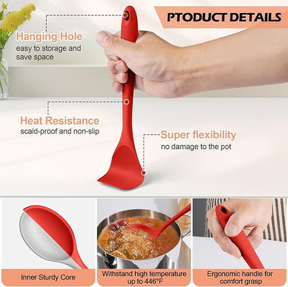 Homikit Kitchen Cooking Utensils Set with Holder, 15-Piece Silicone Spatula Set for Nonstick Cookware, 446°F Heat Resistant Spoon Turner Tong Whisk Brush for Cooking and Baking-Red