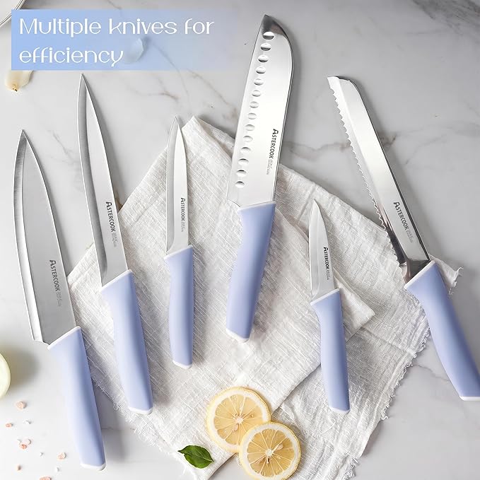Astercook Kitchen Knife Set with Block and Sharpener 15 Piece German High Carbon Stainless Steel Knives Sharp Blade Dishwasher Safe Deba Knives with Ergonomic Handle, Delicate Blue
