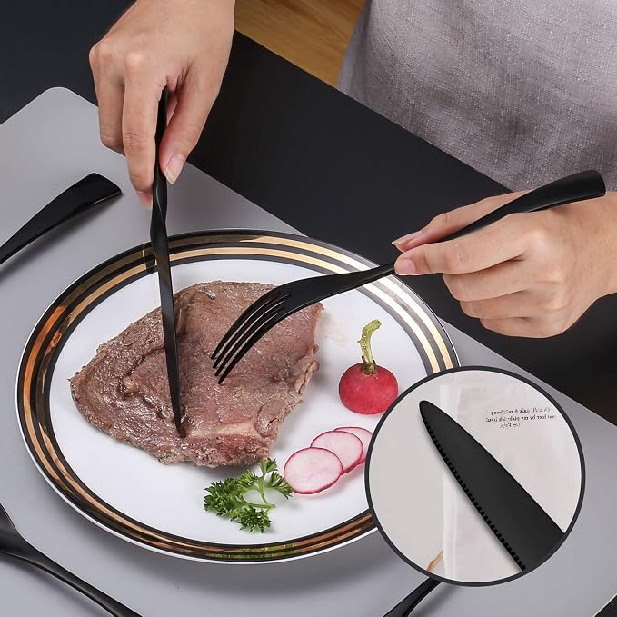 Lemeya 24-Pieces Black Silverware Set with Steak Knives,Heavy Duty 18/10 Stainless Steel Flatware Set for 4,Modern Cutlery with Forged Stand Knives,Mirror Polished,Dishwasher Safe