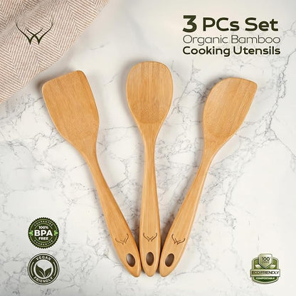 Prime Bamboo Wooden Spoons for Cooking Set of 3 Pcs – Wooden Cooking Utensils with Long Handle, Includes Flat Wood Spoon, Bamboo Spatula, and Slotted Spoon for Kitchen Utensils Set