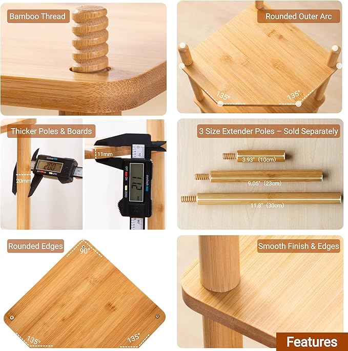 3-Tier Expandable Bamboo Corner Shelf - Dish/Plate Organizer for Cabinet, Kitchen Counter Shelf & Small Kitchen Shelf, Adjustable (Natural, 1-Pc 6.70" H)