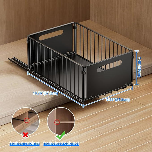 Mustorn 2 Pack Pull Out Cabinet Organizer, Slide Out Drawers for Cabinets, Peel and Stick, Heavy Duty Shelves for Kitchen, Cupboard, Pantry, Bathroom (14.76" D*9.65" W*7.87" H-Black)