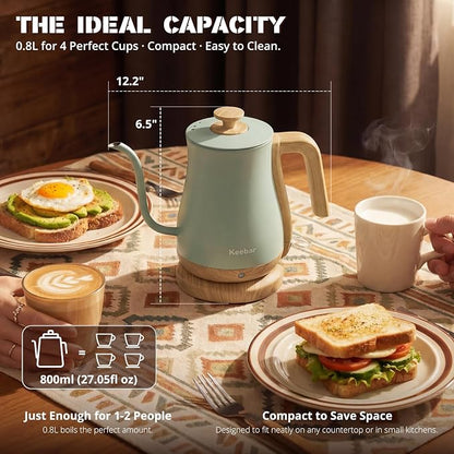 Electric Kettle, Electric Tea Kettle Stainless Steel, Gooseneck Electric Kettle, 1000W Hot Water Kettle Electric Auto Shut Off, 0.8L, Wood-like Grain Finish Handle, Light Green