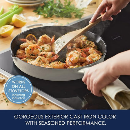 Rachael Ray NITRO Cast Iron Frying Pan/Skillet with Helper Handle and Pour Spouts, 12 Inch, Almond