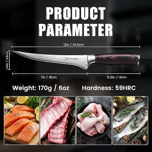 DiiHAUZZ 7 Inch Fillet Knife for Fish, Razor Sharp Boning Knife High Carbon Stainless Steel for Poultry Deboning and Meat Cutting, Japanese Filleting Knives with Ergonomic Pakkawood Handle, Sheath