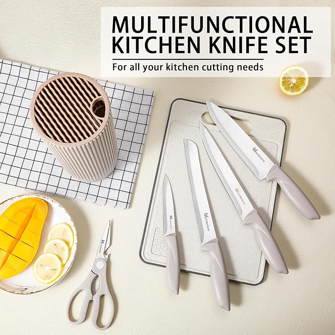 Knife Set, Howashin 6-Piece Khaki Professional Stainless Steel Knives for Kitchen with Universal Knife Block - Non-Stick Sharp Blade Chef Knife Set with Cylindrical Knife Block for Gift.