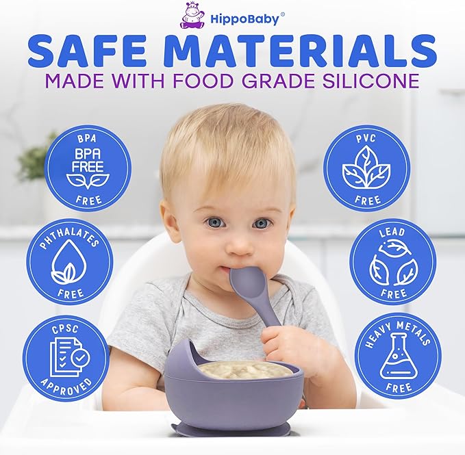HippoBaby Baby Led Weaning Supplies | 10 Piece Silicone Feeding Set | Baby Toddler Bib Cup Divided Plate and Bowl Self Feeding Spoons Dish Set | Baby Utensils | Toddler Feeding Supplies (Lavender)