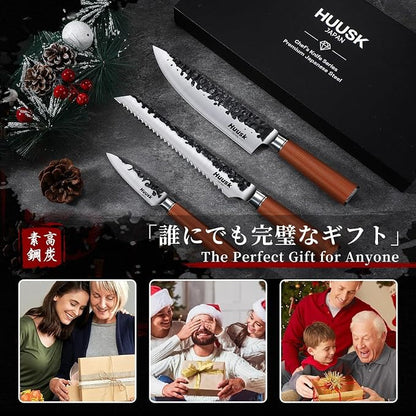 Huusk Japanese Kitchen Knife Set of 3, Professional Chef Knives Set for Kitchen, Sharp Cooking Knife Sets with Bread, Gyutou & Paring Knives, High Carbon Steel Sharp Cutting Knifes, Men Women Gifts
