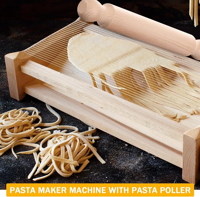 SiliFine Chitarra Cutter Italian Pasta with Rolling Pin Guitar Board Making Tool Pasta Machine for Spaghetti, Lasagna(Wood Color,Wood)