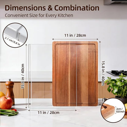 Cutting Board Set of 2 – Acacia Wood & Acrylic Cutting Board with Counter Lip for Kitchen, Wooden Chopping Board with Juice Grooves for Vegetables, Fruits, Meat