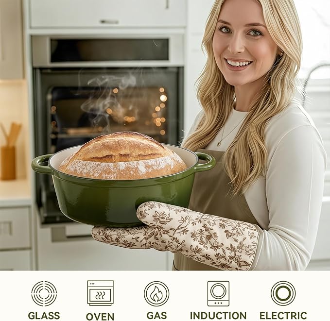 Oval Dutch Oven for Bread Baking, 4.5 Quart Non Stick Enameled Cast Iron Dutch Oven Pot with Lid, Oven Safe Oval Casserole with Lid up to 500°F for Baking, Braising, Stews, Roasting, Golden Green