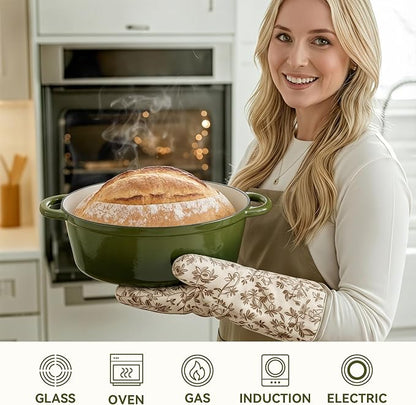 Oval Dutch Oven for Bread Baking, 4.5 Quart Non Stick Enameled Cast Iron Dutch Oven Pot with Lid, Oven Safe Oval Casserole with Lid up to 500°F for Baking, Braising, Stews, Roasting, Golden Green