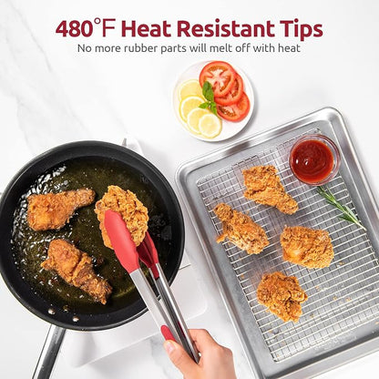Heat Resistant Silicone Kitchen Tong: U-Taste 12 inch Large 480ºF Hot Proof Cooking Tong with Sturdy Non Stick Rubber Tips & Silicon Coated Steel Handle & Smooth Locking for Serving Grill Salad (Red)