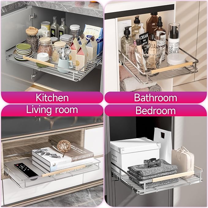 SUZLON Pull Out Cabinet Organizer, Expandable(10.2""~16.4"") Cabinet Drawers Slide Out, Adjustable Width Roll 0ut Shelf Cabinet Organizer for Kitchen Base Cabinet Organization (Small, 2Pack)