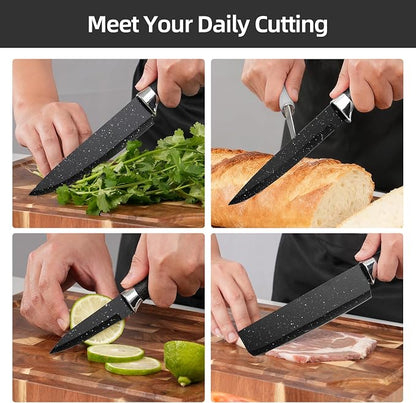 TJ POP Kitchen Knife Set 6-Piece, Rustproof Sharp Stainless Steel Chef's Knife Set, Non-Stick Coated Black Starry Night Pattern Blades and Ergonomic Handle, Cooking Knives for Home Restaurant Camping