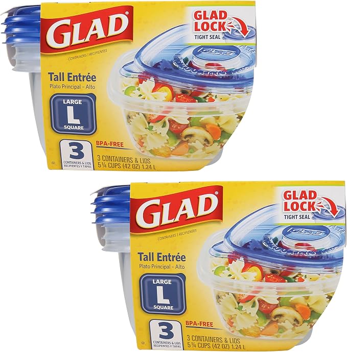 Glad GladWare Tall Entree Food Storage Containers with Snap Lids, Large Square BPA Free Plastic for Meal Prep, 42 Oz, Microwave Dishwasher Safe, 3 Count, 2 Pack Multi-Pack