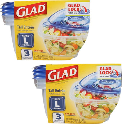 Glad GladWare Tall Entree Food Storage Containers with Snap Lids, Large Square BPA Free Plastic for Meal Prep, 42 Oz, Microwave Dishwasher Safe, 3 Count, 2 Pack Multi-Pack