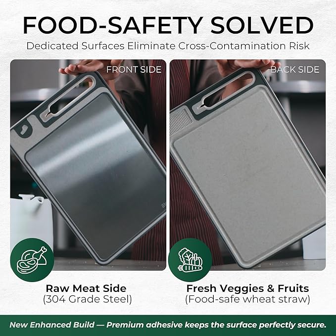 Stainless Steel Cutting Board with Built-In Knife Sharpener, 3-Piece Set, Double-Sided 304 Food-Grade Steel & Wheat Straw, Large Board for Meat & Vegetables, Dishwasher Safe, 15x10 Inch, Food Safe