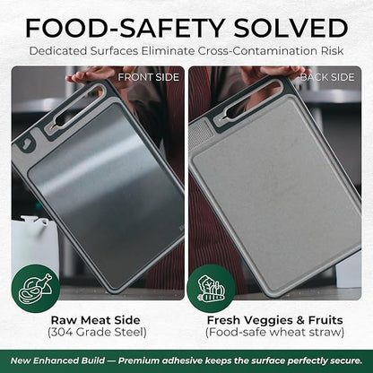 Stainless Steel Cutting Board with Built-In Knife Sharpener, 3-Piece Set, Double-Sided 304 Food-Grade Steel & Wheat Straw, Large Board for Meat & Vegetables, Dishwasher Safe, 15x10 Inch, Food Safe