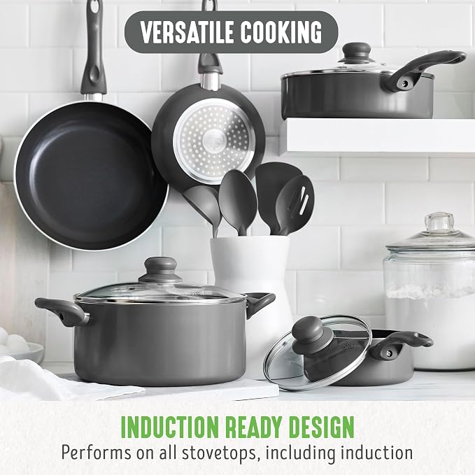 GreenLife Essentials 12 Piece Cookware Set, PFAS-Free Ceramic Nonstick Pots & Pans, Induction Ready for All Cooktops, Kitchen Cooking & Serving Utensils, Dishwasher Safe, Charcoal Gray