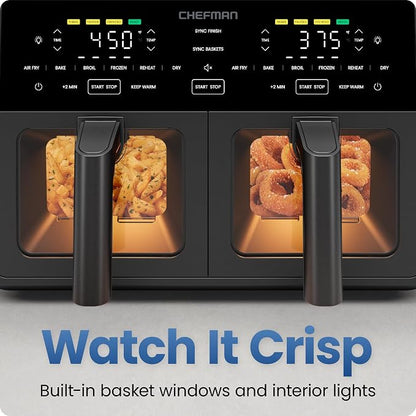 Chefman Dual Air Fryer Oven with DC Motor, 9 Qt. Double Basket Air Fryer with 450°F Max Temp for Meals in Minutes, Bake, Broil, Dehydrate, Reheat for Extra-Crispy Chicken, Fries, and More - Black