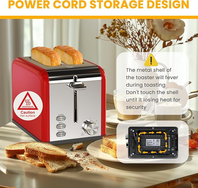 Simple Deluxe 2-Slice Toaster, 6 Browning Setting and 3 Function, Extra Wide Slot & Removable Crumb Tray, for Bread & Waffle, Red