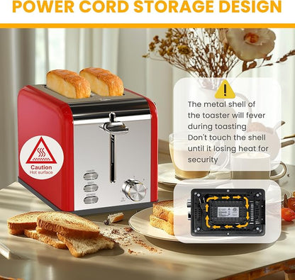 Simple Deluxe 2-Slice Toaster, 6 Browning Setting and 3 Function, Extra Wide Slot & Removable Crumb Tray, for Bread & Waffle, Red