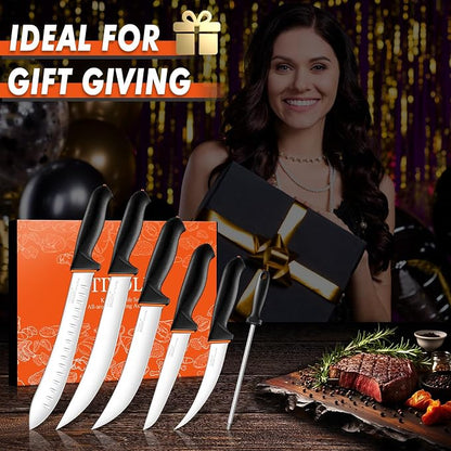 TIVOLI Butcher Knife Set 6pcs - Game Processing Knife Set with 7" Sharpener Rod - Non-Slip Softgrip & German Stainless Steel - Skinning Boning Trimming Poultry Knives for Meat Cutting - Gifts for Men