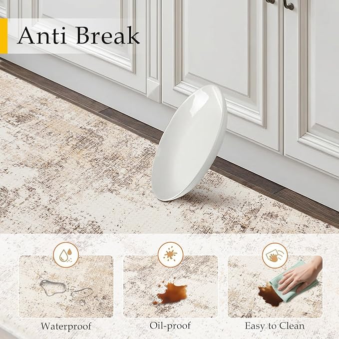 Kitchen Mats for Floor Anti Fatigue Waterproof Kitchen Rug Beige Grey Abstract Cushioned Non-Slip Kitchen Mats Comfort Standing Neutral Mat for Sink Laundry Office 17.3"×59"