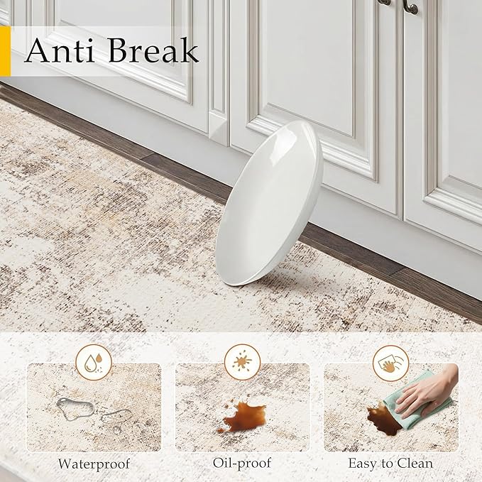 Kitchen Mats for Floor Set of 2 Anti Fatigue Waterproof Kitchen Rug Beige Grey Abstract Cushioned Non-Slip Kitchen Mats Comfort Standing Neutral Mat for Sink Laundry Office 17.3"×47"+17.3"×30"