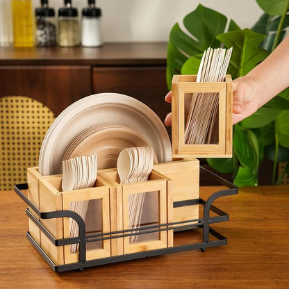 Silverware Caddy Wood Utensil Holder Cutlery Flatware Paper Plate Dispenser Organizer for Spoons Forks Plates Napkins (Acrylic)