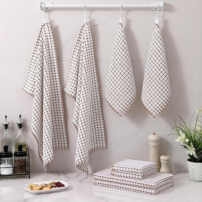 Homaxy Kitchen Towels and Dishcloths Set, 16 x 25 and 12 x 12 Inches, Set of 8 Cotton Terry Kitchen Dish Towels, Super Soft and Absorbent Dish Cloths, Brown