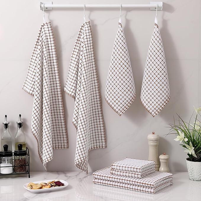 Homaxy Kitchen Towels and Dishcloths Set, 16 x 25 and 12 x 12 Inches, Set of 12 Cotton Terry Kitchen Dish Towels, Super Soft and Absorbent Dish Cloths, Brown