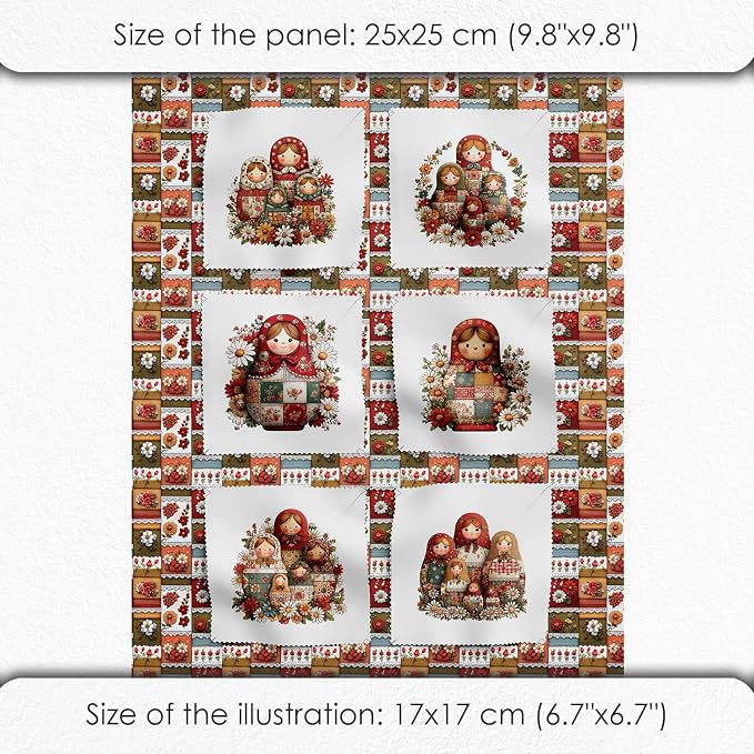 Matryoshka Patchwork Quilting Fabric Panel – 6× (10×10 inch) Blocks + Bonus Patchwork Sheet 29.5×19.6 inch, 100% Cotton 140 GSM, Floral Russian Doll Theme