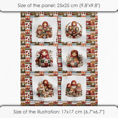 Matryoshka Patchwork Quilting Fabric Panel – 6× (10×10 inch) Blocks + Bonus Patchwork Sheet 29.5×19.6 inch, 100% Cotton 140 GSM, Floral Russian Doll Theme