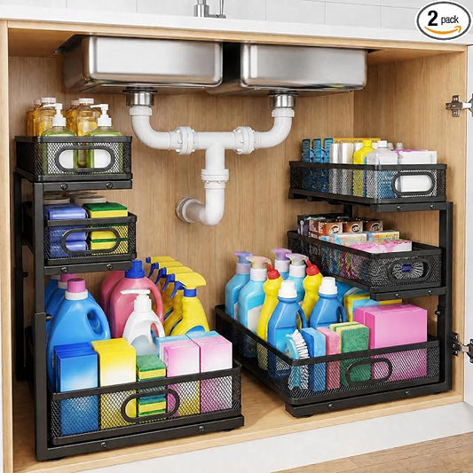 3-Tier Under Sink Organizer 2-Pack, Thickened Metal Pull out Cabinet Shelf, Height Adjustable Slide Out Drawer Storage Rack for Bathroom Kitchen Pantry Laundry Home Office Organization (Black)