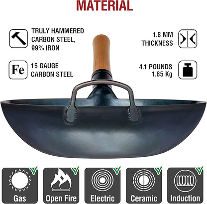 YOSUKATA 13.5” Blue Carbon Steel Wok Pan – Pre-Seasoned Flat Bottom Wok Compatible with open fire, gas, electric, ceramic, induction cooktops -Traditional Chinese Pan for Stir Fry, BBQ, Grill, Camping