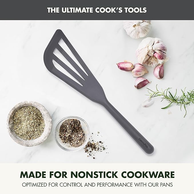 GreenPan Silicone Fish Turner Spatula, Slotted Cooking Kitchen Utensil, Flexible Rubber Nonstick Cookware, Rigid Steel Core, Heat-Resistant, Anti-Slip Handle, BPA-Free, Dishwasher Safe, Gray