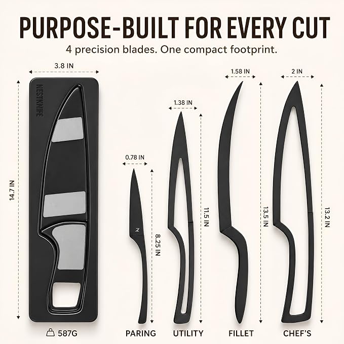 NestKnife Magnetic Kitchen Knife Set - 4 Piece VG10 High Carbon Stainless Steel Kitchen Knives with Patented Space-Saving Nesting Design & Magnetic Block - Ultra Sharp Professional Chef Knife Set