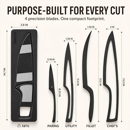 NestKnife Magnetic Kitchen Knife Set - 4 Piece VG10 High Carbon Stainless Steel Kitchen Knives with Patented Space-Saving Nesting Design & Magnetic Block - Ultra Sharp Professional Chef Knife Set