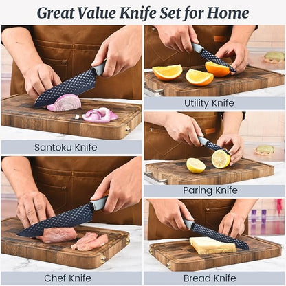 12-Piece Blue Modern Knife Block Set with Drawer Organizer, Stainless Steel Knife Set, 7.2" Chef Knife, 6 Steak Knives