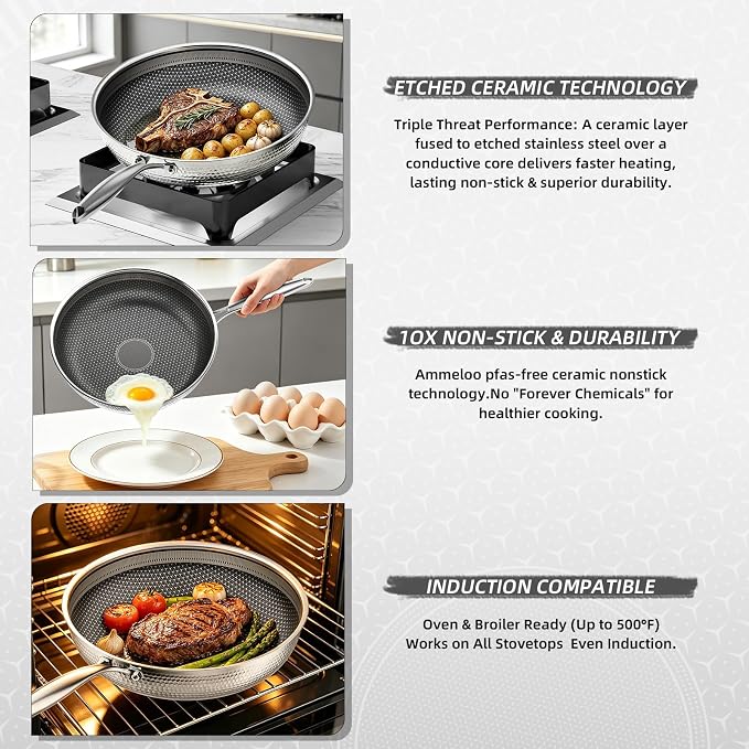Stainless Steel Nonstick Pots and Pans Set (7 Pcs), PFOA Free, Induction Compatible, Fast & Even Heat, Dishwasher & Oven Safe (500F), 8/10/12" Fry Pans, Saucepan, Stock Pot for Home Cooking