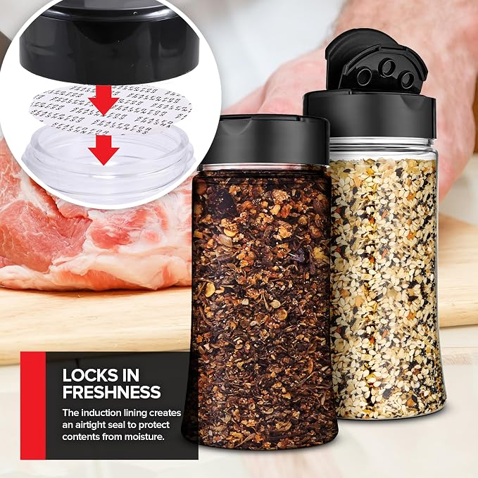 12 Pack 9.5 oz Plastic Spice Jars, Empty Seasoning Containers for Homemade Rub, Spices, Glitter, and More, Small Spice Containers with Black Shaker Lids and Heat-Induction Liner, Clear Spice Jars